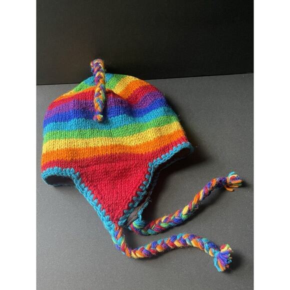 Nepal 100% Wool Beanie Winter Hat Knit Cap Fleece Lined Ski Earflaps Gorpcore - Picture 4 of 5